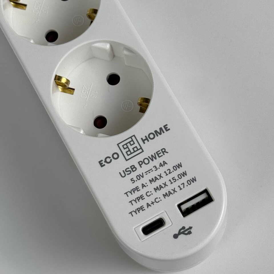 Удлинитель АСКО 3р 2м с заземлением USB + Type C белый ( ECO019001001 )